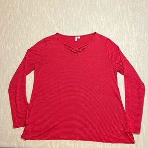 Cato  Red with gold stripes long sleeve top.  Size Large pit to pit is 23”